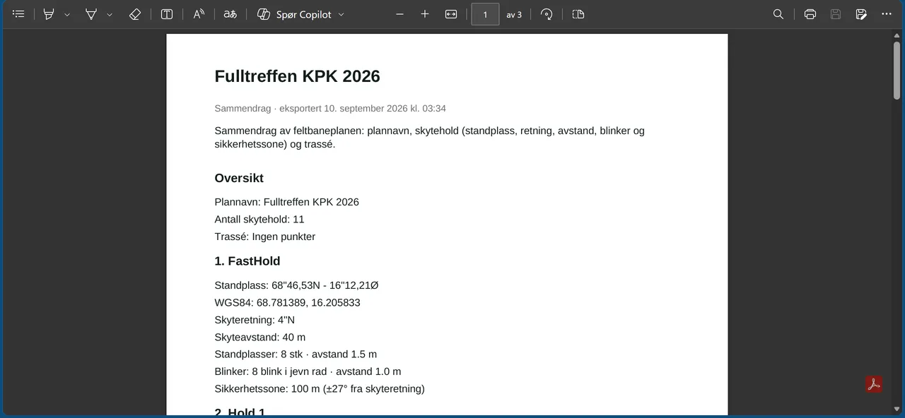 Eksportert PDF-sammendrag fra ClubRange Track med plannavn, skytehold og koordinater