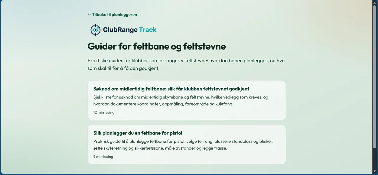Guidesiden i ClubRange Track med artikler om søknad og planlegging av feltbane