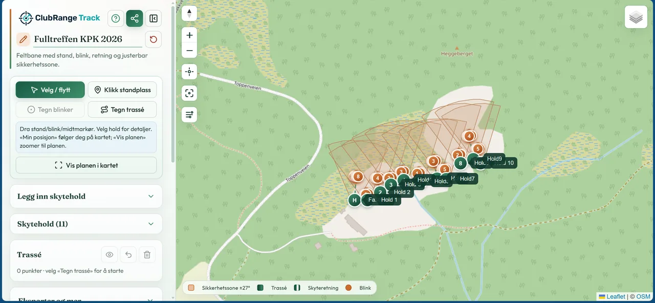 ClubRange Track — feltbaneplanlegger med skytehold og sikkerhetssoner i kart
