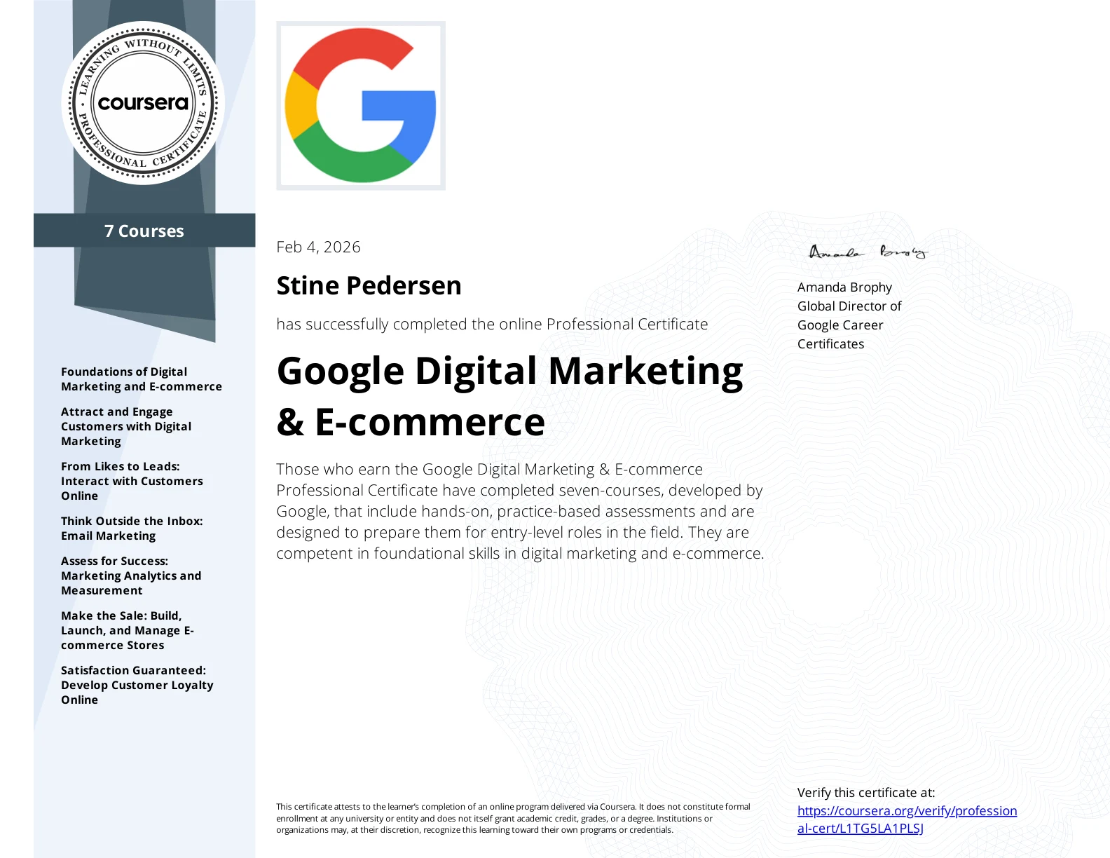 Verifisert sertifikat i Google digital markedsføring og e-handel