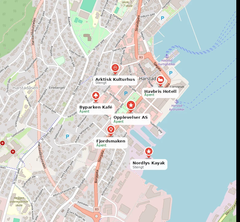 Kartutsnitt fra Harstad med eksempler på generative reiselivsbedrifter i Google Maps